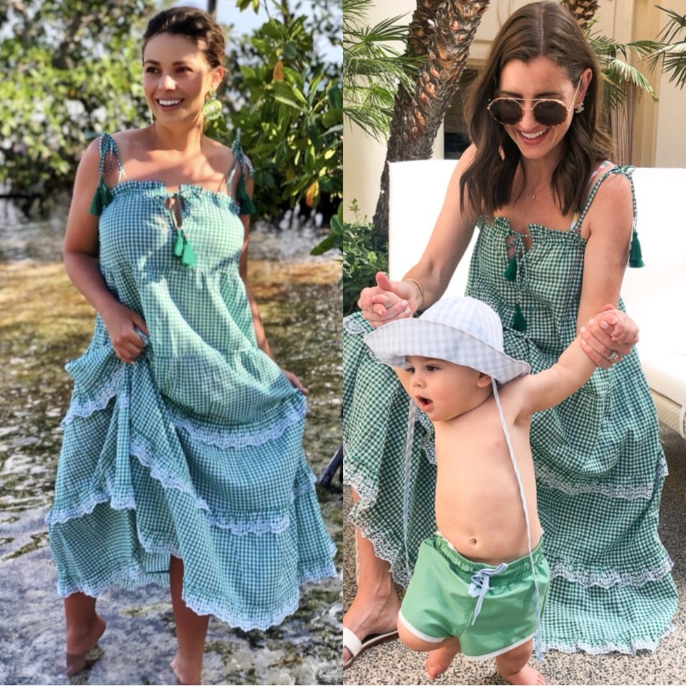 J.CREW Plaid Gingham Plaid Green Ruffle Lace Cotton Maxi Tiered Sun Dress